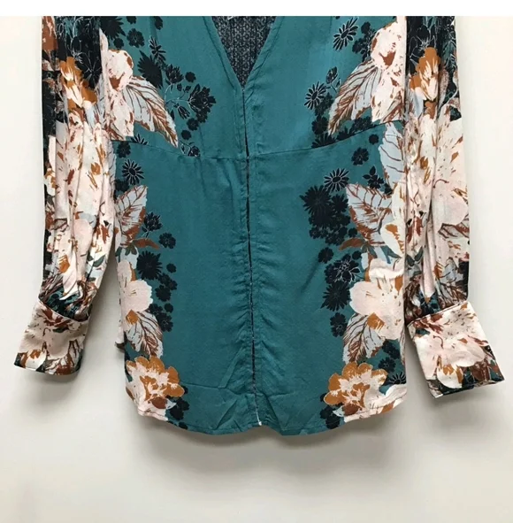 Free People Teal Floral Long Sleeve Blouse EUC - Picture 5 of 9